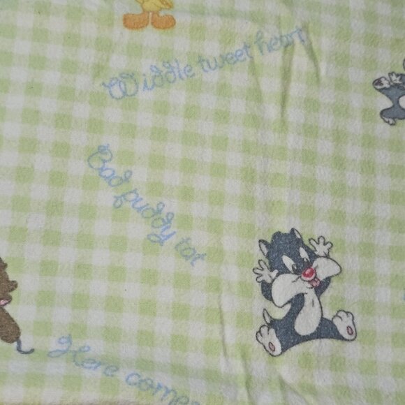 VTG Baby Looney Tunes Flannel Blanket Green Plaid Cotton By DOLLY Tweety Taz - Picture 2 of 10